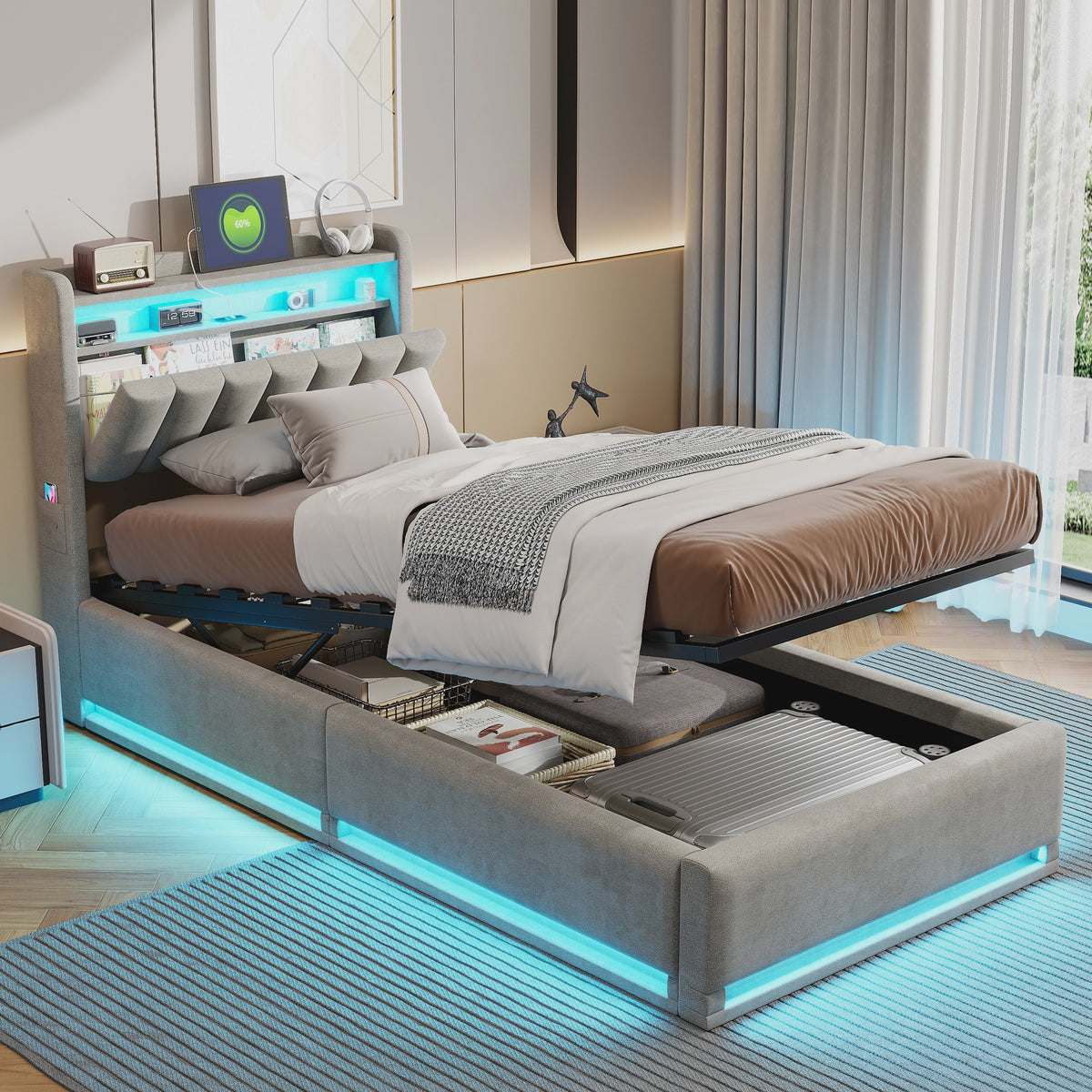 Luxe Boxspringbed met LED-verlichting, USB-poorten en Opbergruimte - Velvet Stof