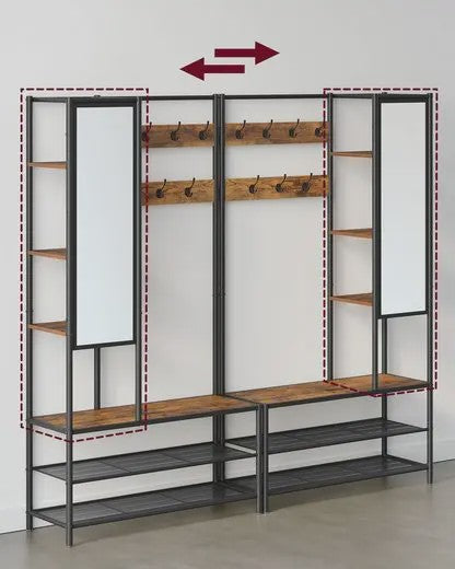 VASAGLE Kapstok met Schoenenbank, Spiegel en Opbergvakken - 35x98x182 cm - Industrieel Design