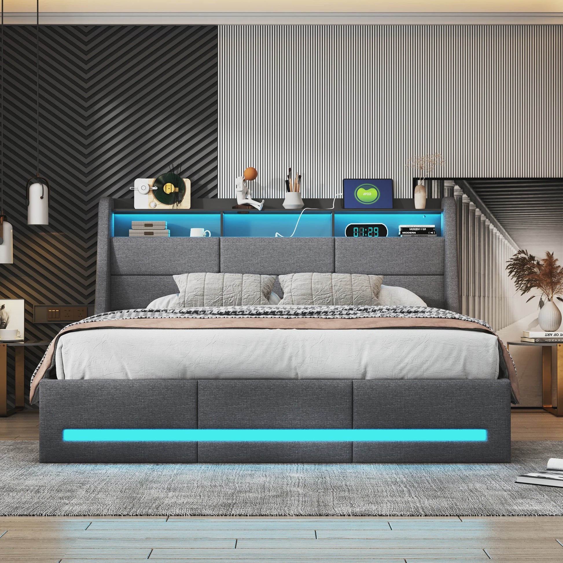 Luxe Gestoffeerd Bed 140/160x200cm met LED Verlichting, USB en Opbergruimte
