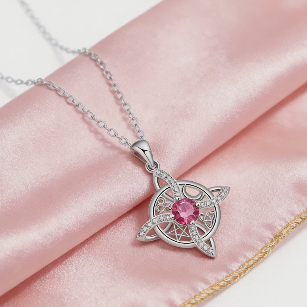 Mystieke Wicca Knoop Ketting met Kristal en Geboortesteen - Ster Maan Amulet