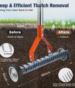 Detachable Lawn Rake With Roller Garden Courtyard Grass Rake Lawn Maintenance Tool With Gloves, 33 Gallons Garbage Bag