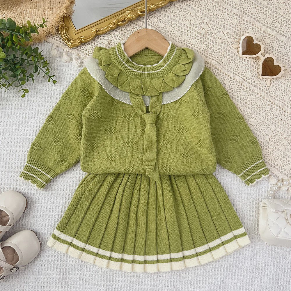 Schattige Gebreide Set: Vest met Kantkraag en Plissé Rok voor Meisjes