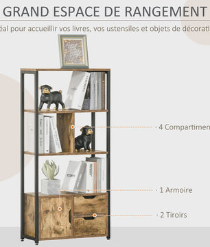 Industriële Boekenkast met 4 Niveaus, 2 Laden en Deur - 58x24x122 cm - Marrón Rústico
