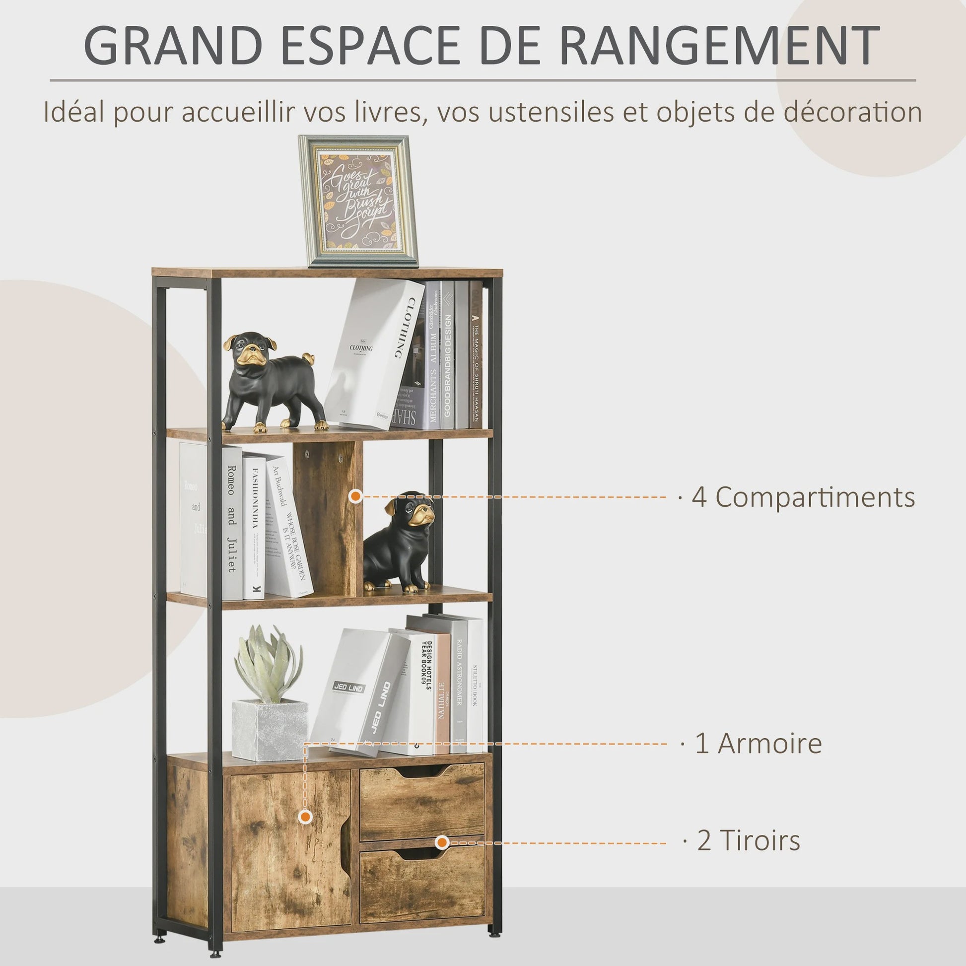Industriële Boekenkast met 4 Niveaus, 2 Laden en Deur - 58x24x122 cm - Marrón Rústico