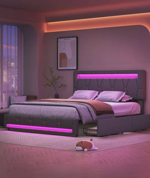 Modern Gestoffeerd Dubbel Bed met LED Verlichting en 4 Opberglades