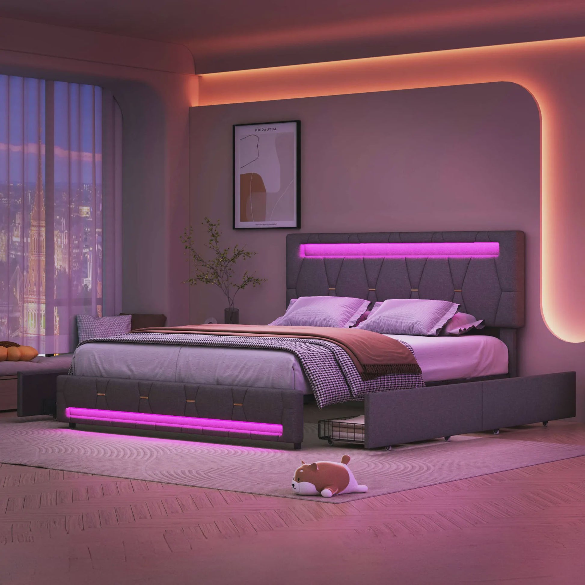Modern Gestoffeerd Dubbel Bed met LED Verlichting en 4 Opberglades