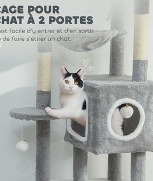 PawHut Kattenkrabpaal 165 cm Grijs - Klimtoren met Krabpalen, Hangmat, Platforms en Speeltjes