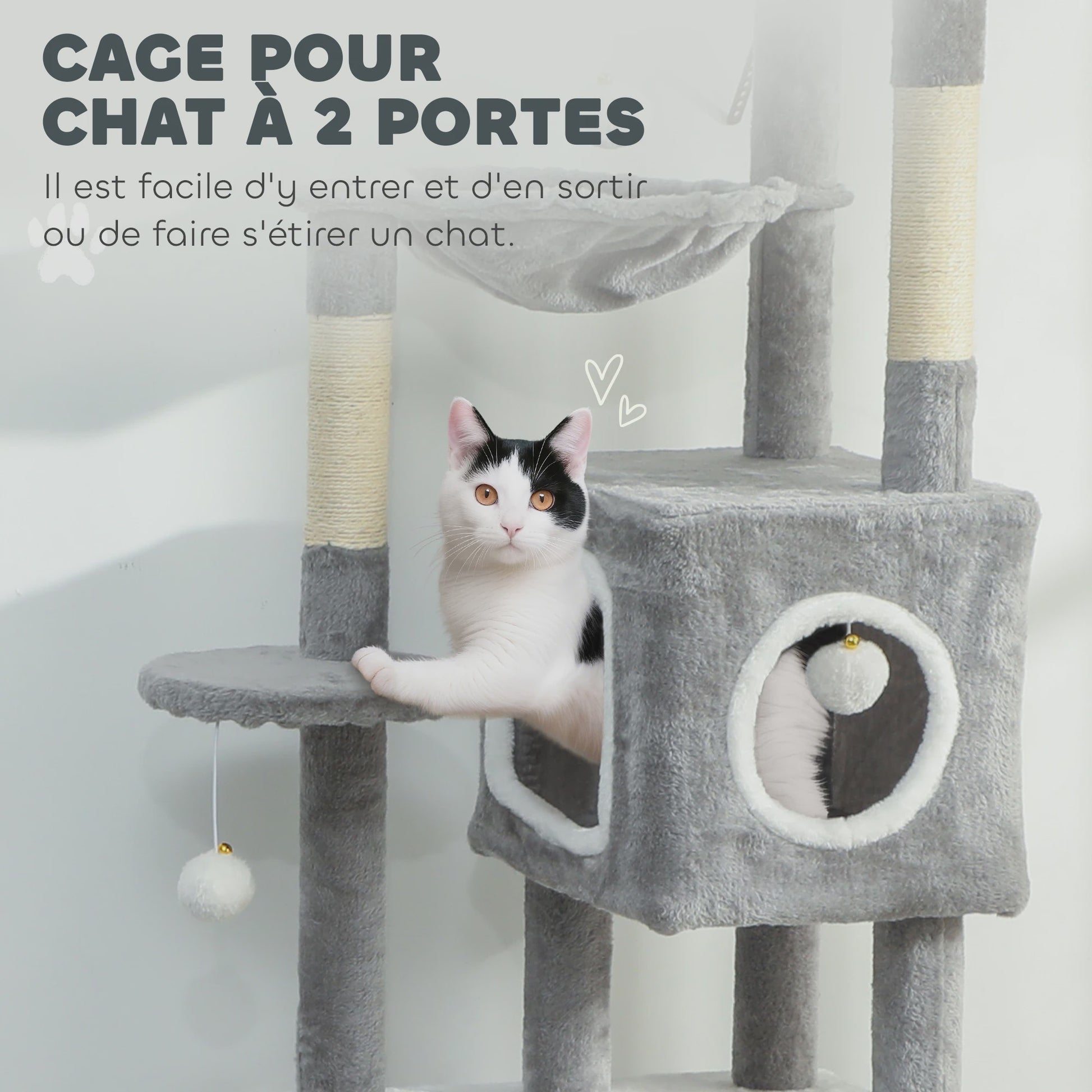 PawHut Kattenkrabpaal 165 cm Grijs - Klimtoren met Krabpalen, Hangmat, Platforms en Speeltjes