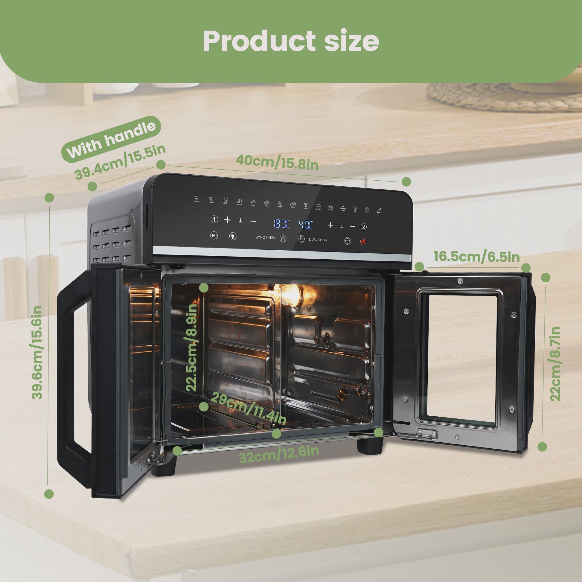 XXL Dubbele Heteluchtfriteuse Oven (23L, 2200W) met LED Touchscreen & 15 Programma's