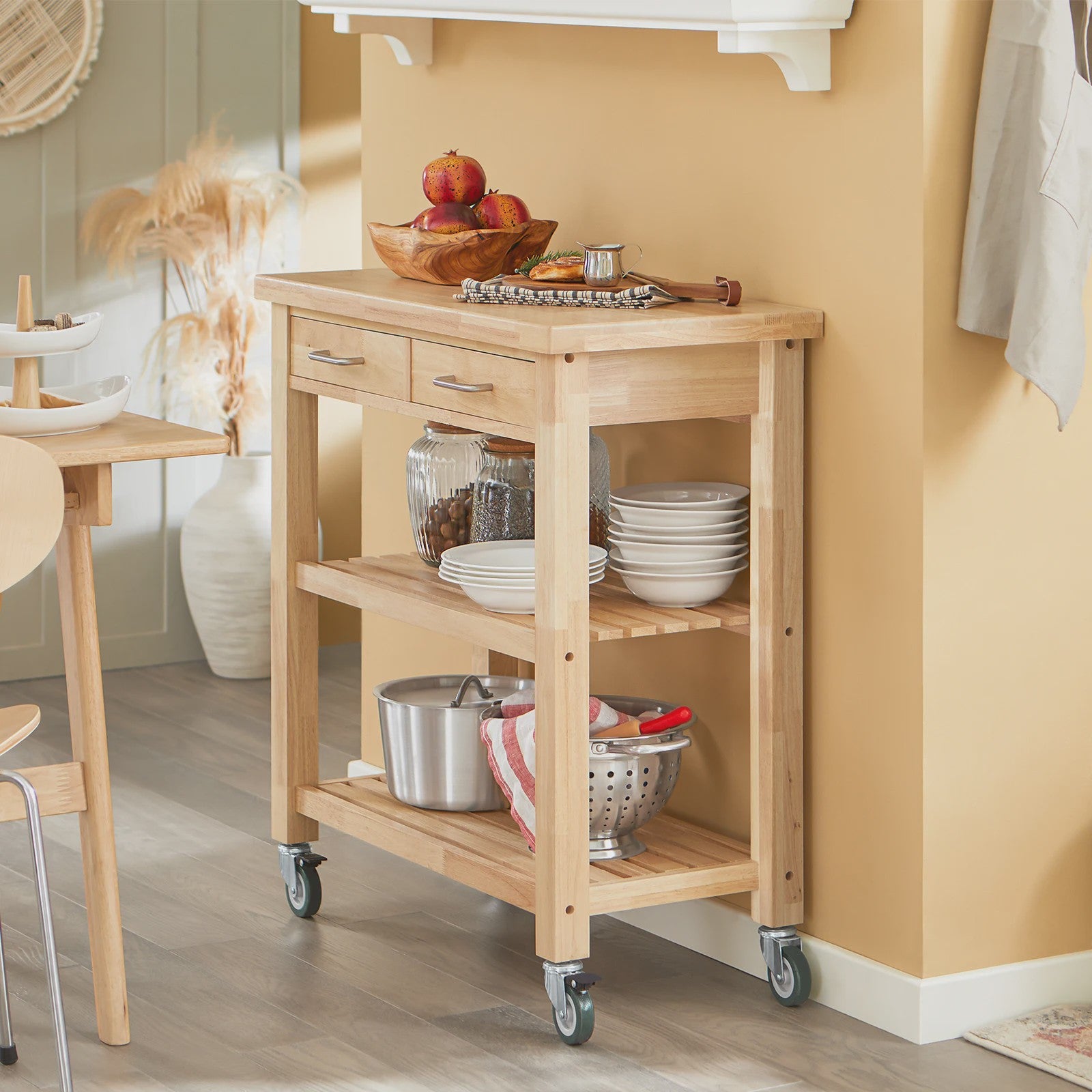 SoBuy Keukentrolley met Wielen en Lades - Rubber Hout - 80x40x90 cm