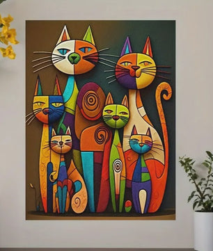 Abstracte Katten Canvas Schilderij - Kleurrijk Cartoon Dieren Poster Kunst