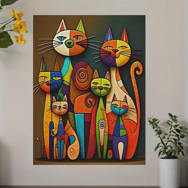 Abstracte Katten Canvas Schilderij - Kleurrijk Cartoon Dieren Poster Kunst