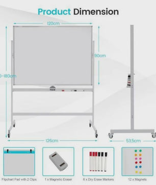 Verrijdbaar Dubbelzijdig Magnetisch Whiteboard 160-180cm Hoogte Verstelbaar met Wielen en Rem