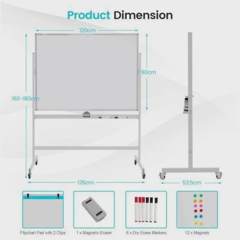 Verrijdbaar Dubbelzijdig Magnetisch Whiteboard 160-180cm Hoogte Verstelbaar met Wielen en Rem