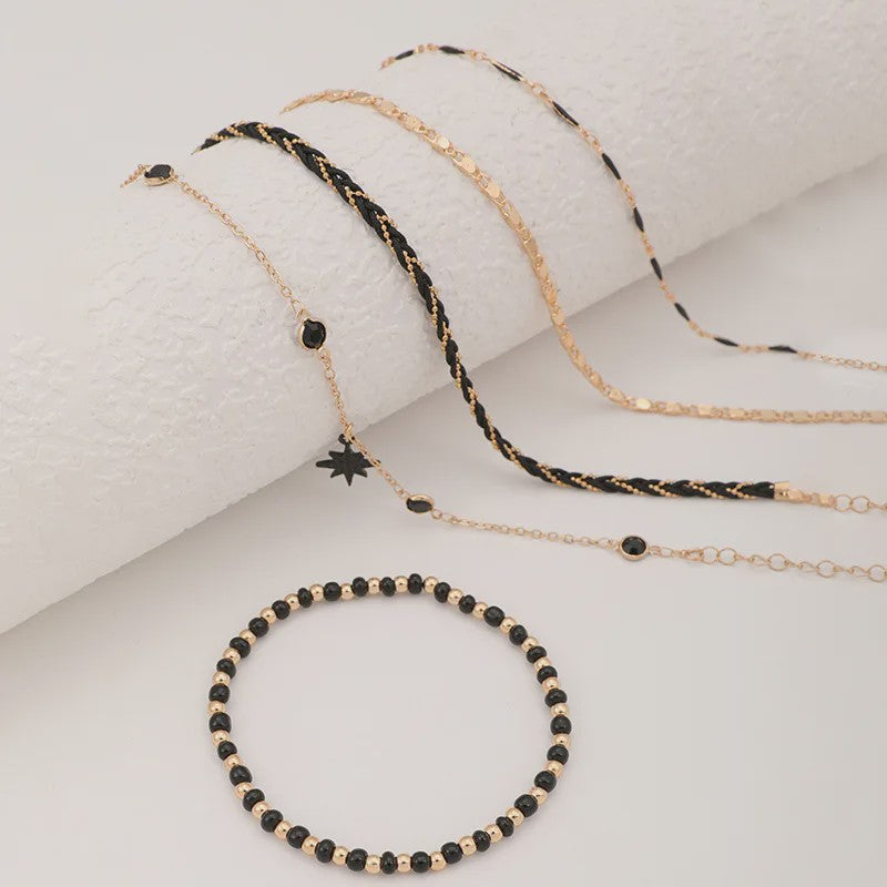 Bohemian Anklet Set: 4-delige Woven Rope & Kralen Enkelbandjes