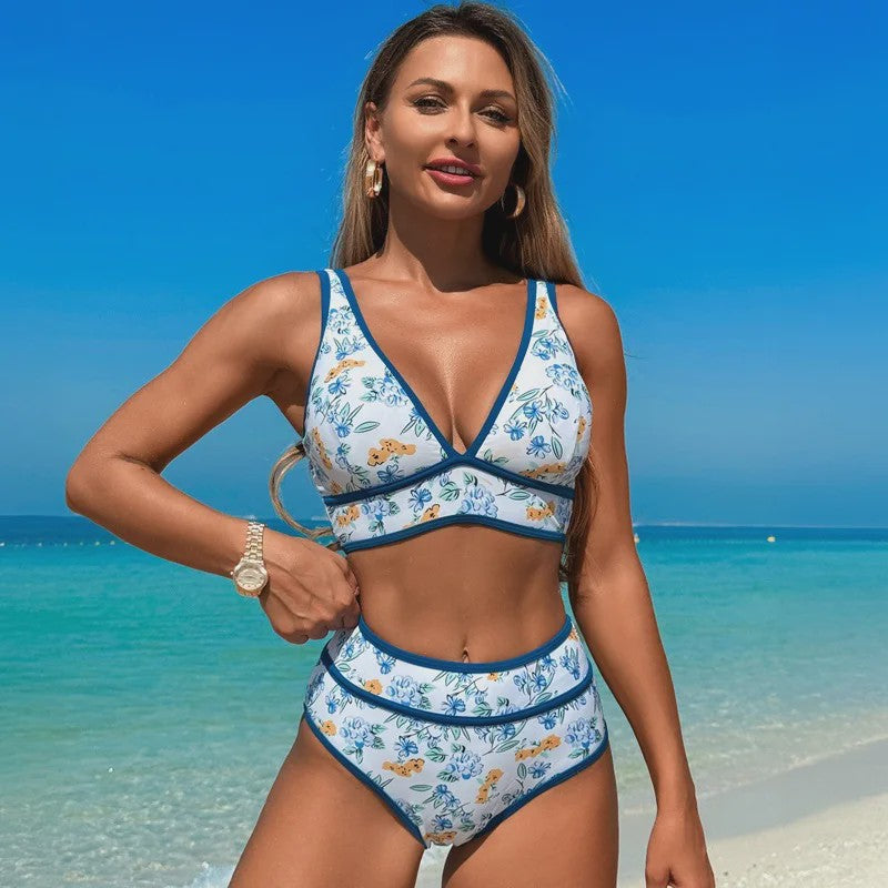 Dames Bikini Set V-hals High Waisted Tweedelig Zwemkleding Effen of Bloemenprint