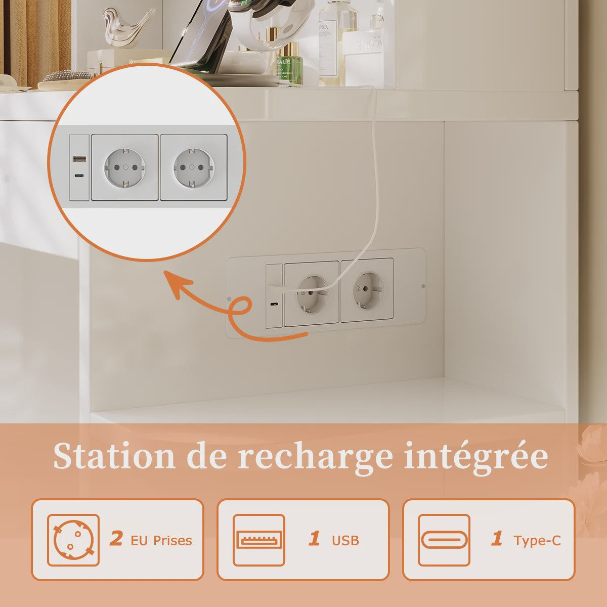 Moderne Kaptafel met LED Spiegel, Ruime Opbergruimte en Geïntegreerde Oplaadstation