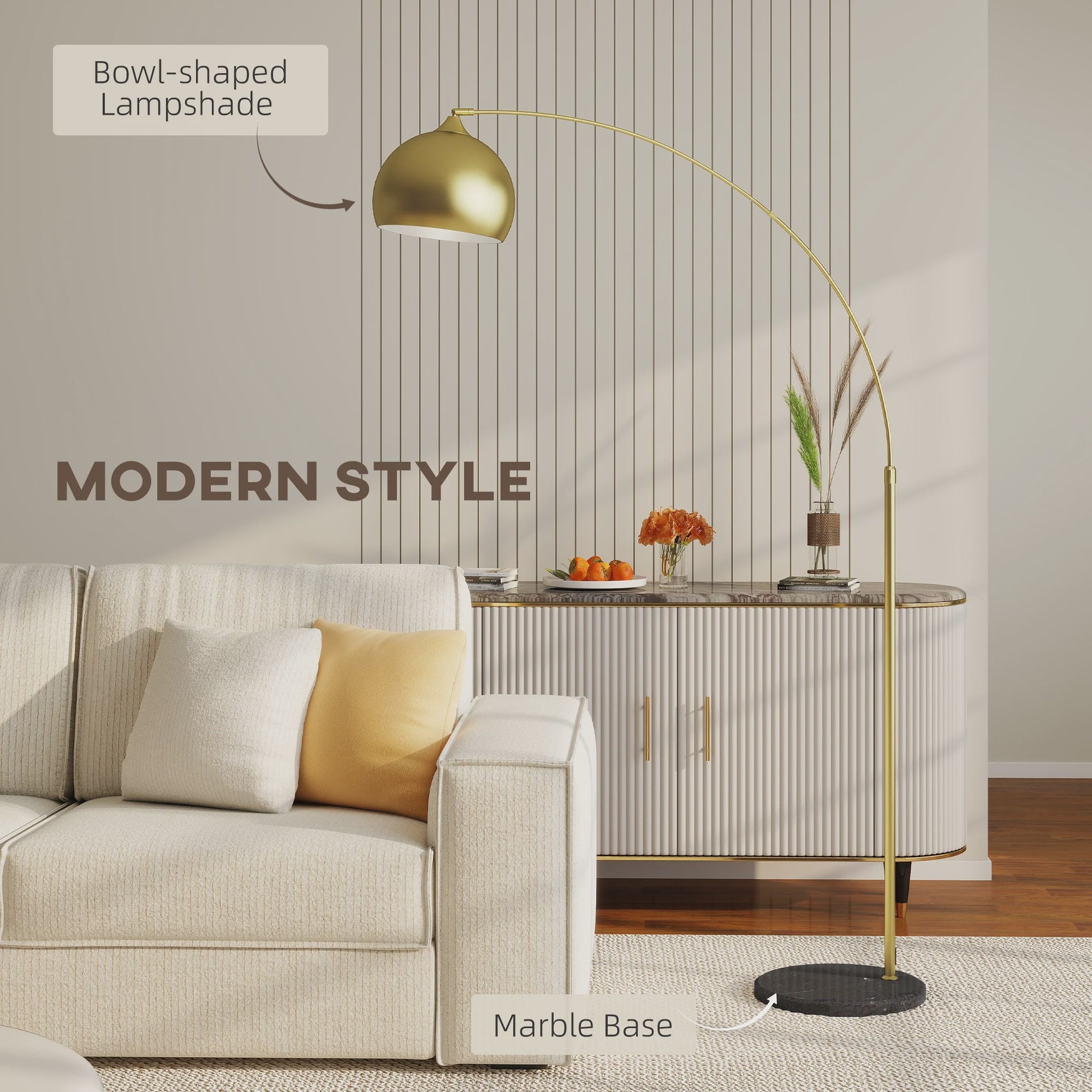 Moderne Boog Vloerlamp Goud - Verstelbaar, E27 Fitting, Voetschakelaar - Stijlvolle Leeslamp voor Woonkamer, Slaapkamer, Kantoor (110-180cm)