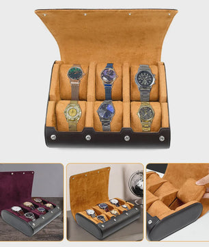 Reis Horloge Rol Koffer Organizer - 6 Slots - Luxe PU Leer & Suède Voering