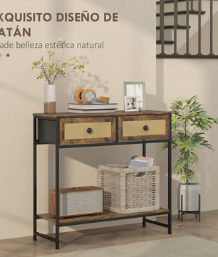Sfeervolle Console Tafel met Open Plank en 2 Rotan Lades - Rustiek Bruin 80x30x75 cm