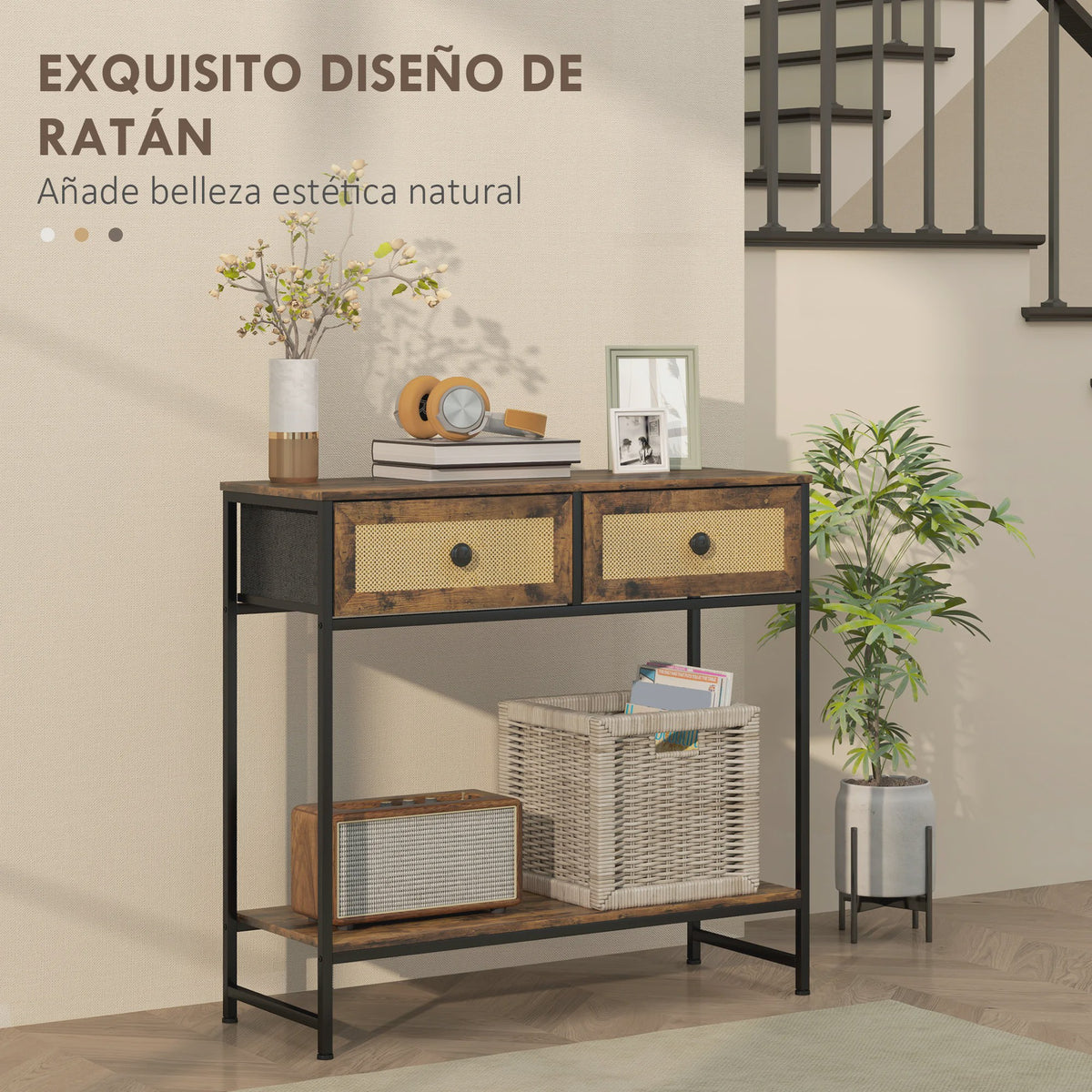 Sfeervolle Console Tafel met Open Plank en 2 Rotan Lades - Rustiek Bruin 80x30x75 cm