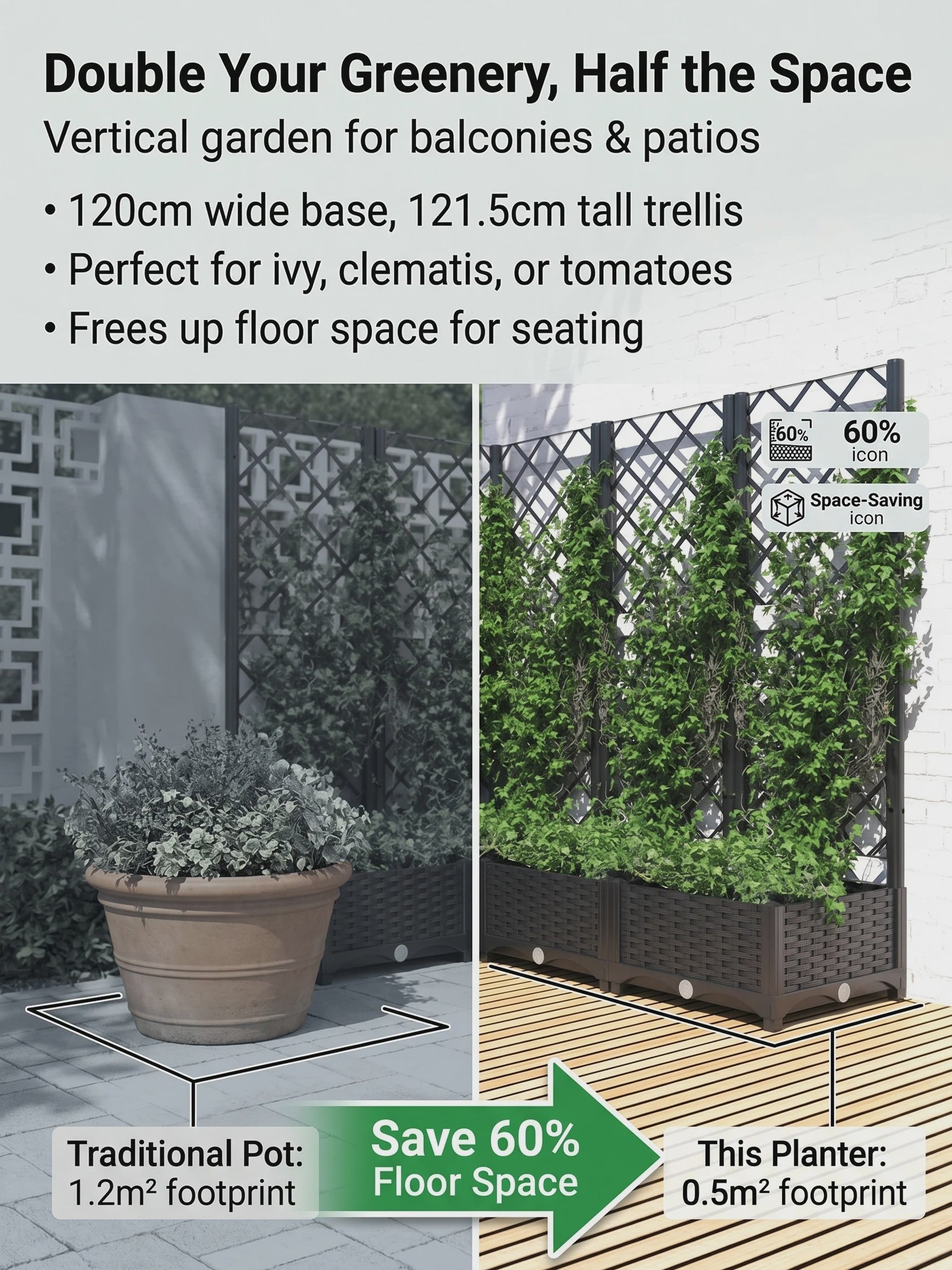 Zwarte Plantenbak met Trellis 120x120x121.5 cm - Verticale Tuin