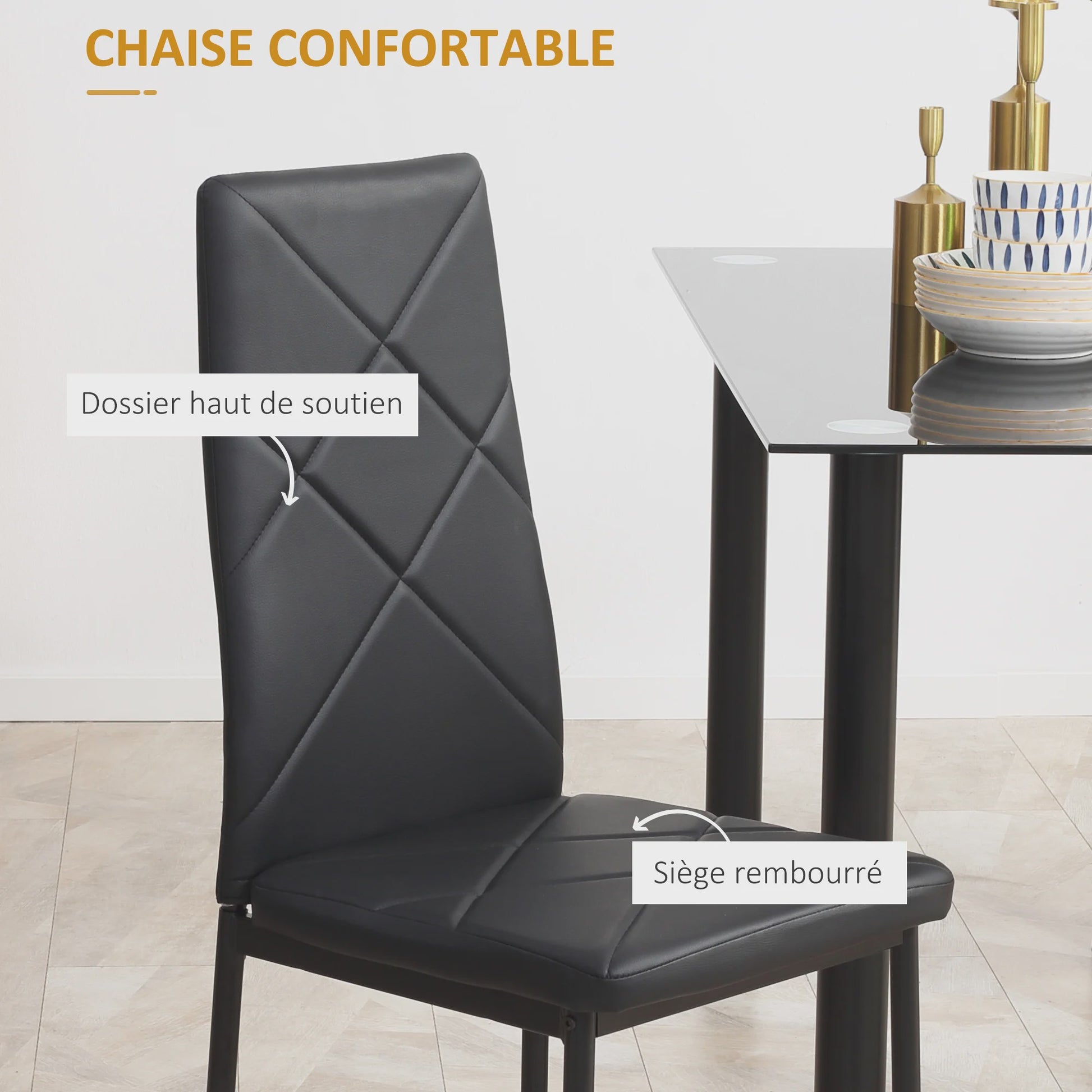 Eetkamer Set: Glazen Eettafel met 4 Zwarte Stoelen - Modern Design