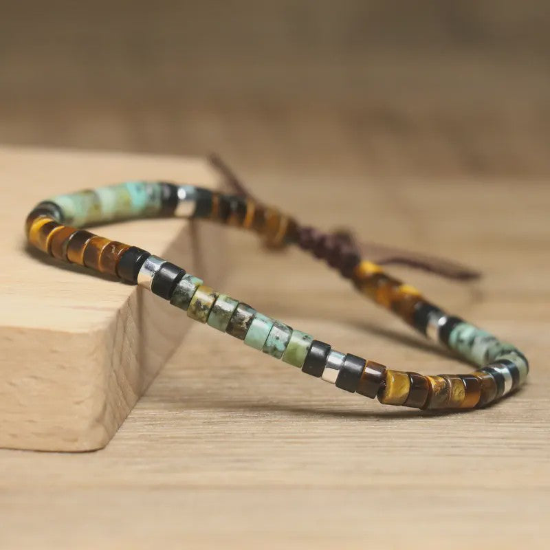 Natuurlijke Kralen Armband Dames - Tijgeroog, Onyx & Afrikaanse Turquoise - Verstelbaar