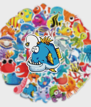 50x Schattige Zeedieren Cartoon Stickers - Oceaan Wereld, Koraal & Kwallen Decoratie voor Laptop & Dagboek