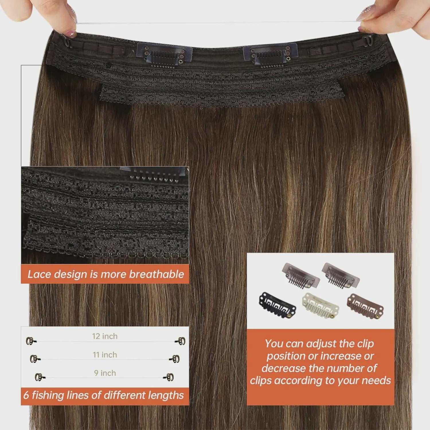 VeSunny Invisble Wire Hair Extensions - Remy Menselijk Haar, Balayage Kleuren, 1 Stuk