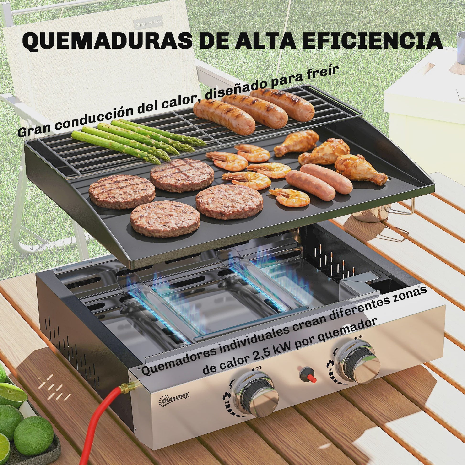Outsunny Gas BBQ met 2 Branders, Grillplaat, Warmhoudrek en Vetopvangbak - Draagbaar