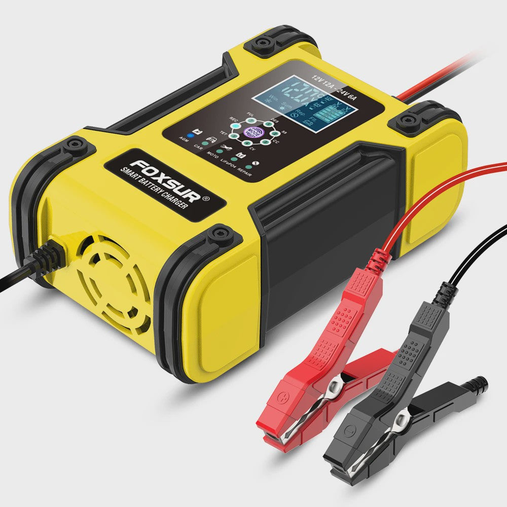 Foxsur Slimme Automatische Acculader 12V/24V met Digitaal Display en Reparatie Modus