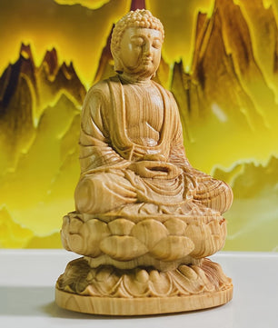 Handgesneden Houten Amitabha Boeddha Standbeeld - Decoratieve Houten Beeldje voor Huisdecoratie