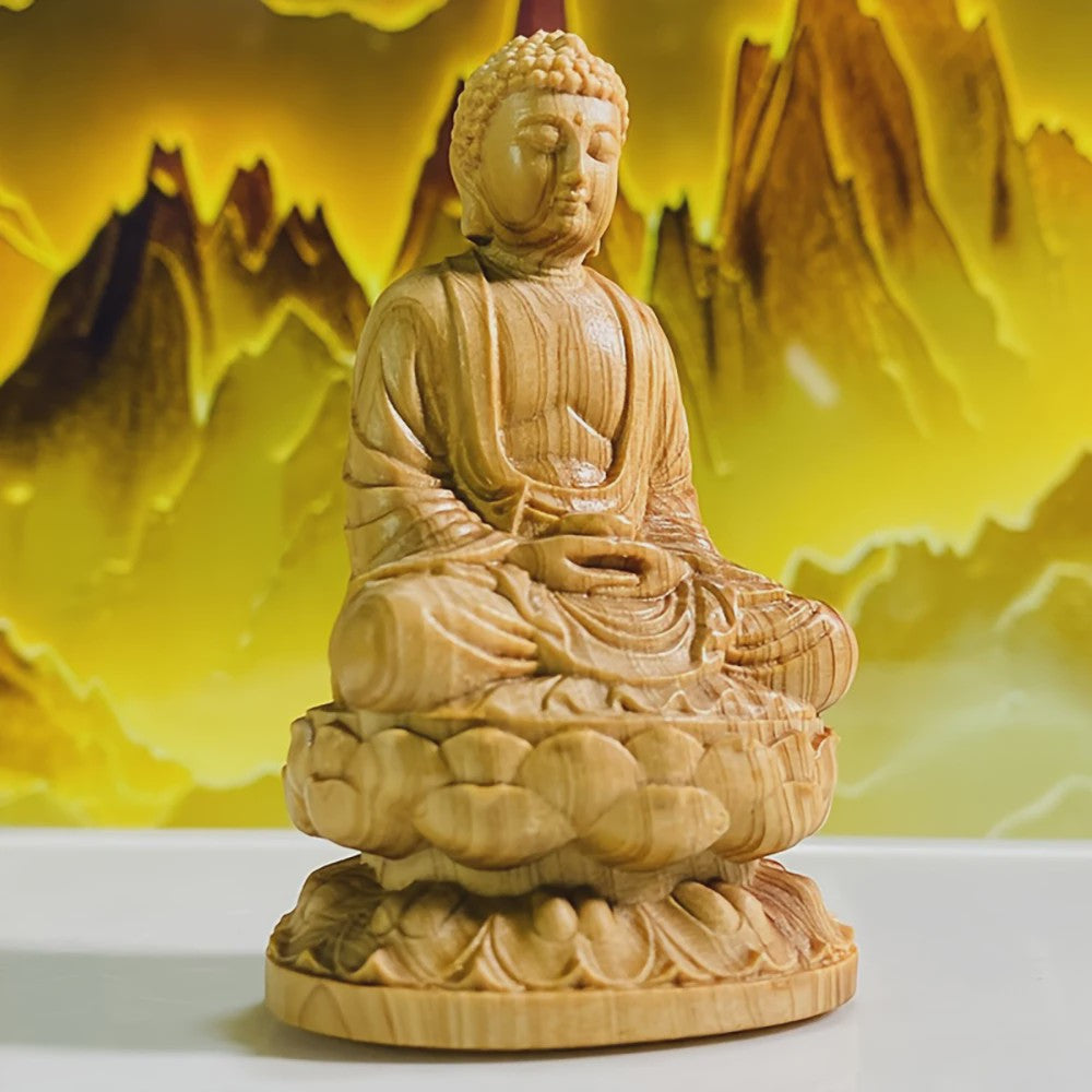 Handgesneden Houten Amitabha Boeddha Standbeeld - Decoratieve Houten Beeldje voor Huisdecoratie