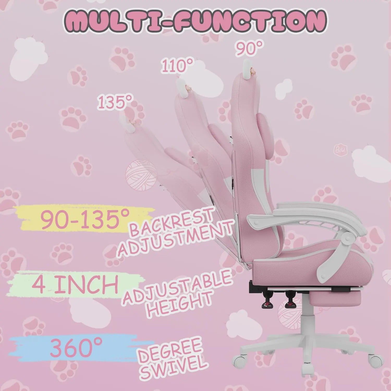 Ergonomische Gaming Chair met Kattenoren, Massagefunctie en Voetensteun - Roze