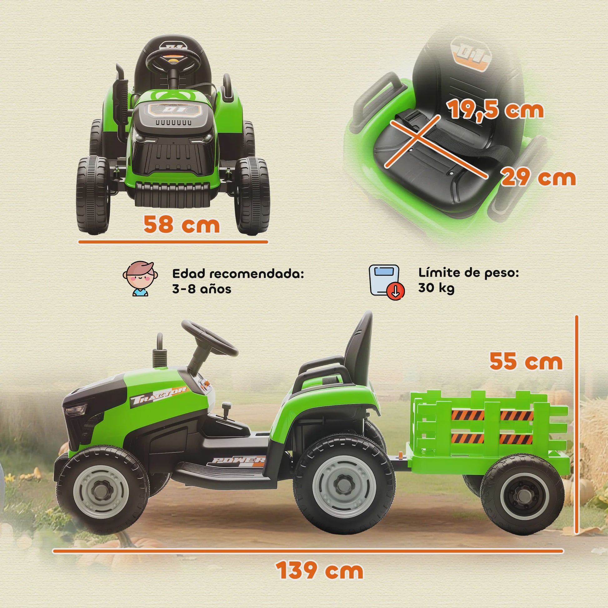 Elektrische Kinder Tractor met Afneembare Aanhanger - 12V Accu, 3-5 Km/U, Afstandsbediening