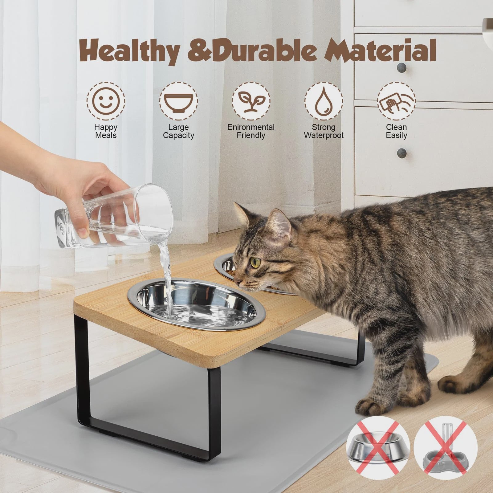 Verhoogde Kattenvoerbak met Mat - 15° Kantelbaar - Dubbele RVS Voerbakken