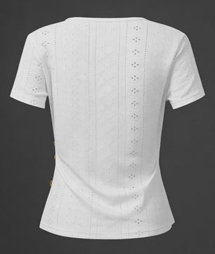 Dameswikkel T-shirt met korte mouwen en knoopdetails