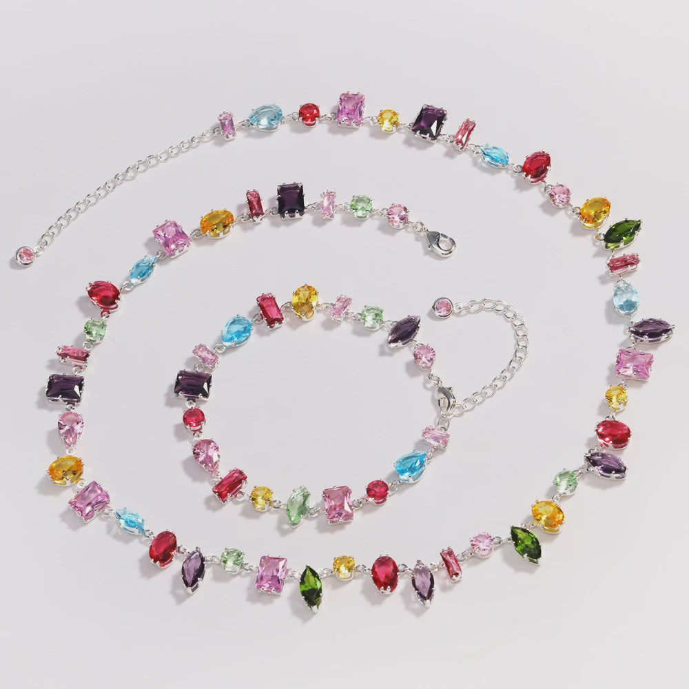 Luxe Goudkleurige Ketting met Kleurrijke Kristallen Zirkonia - Dames Sieraden