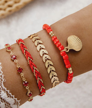 Set van 4 Bohemia Stijl Armbanden met Schelp & Zirkonia - Zomerse Beach Vibes