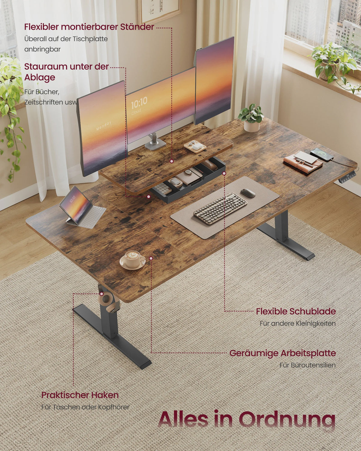 VASAGLE Elektrisch In hoogte Verstelbaar Bureau met Monitorverhoger en Lade - Ergonomisch Werken