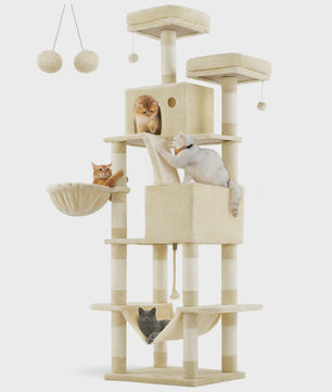 XXL Krabpaal 206 cm hoog - Grote kattenboom met 13 krabpalen, 2 holtes, hangmat & ballen