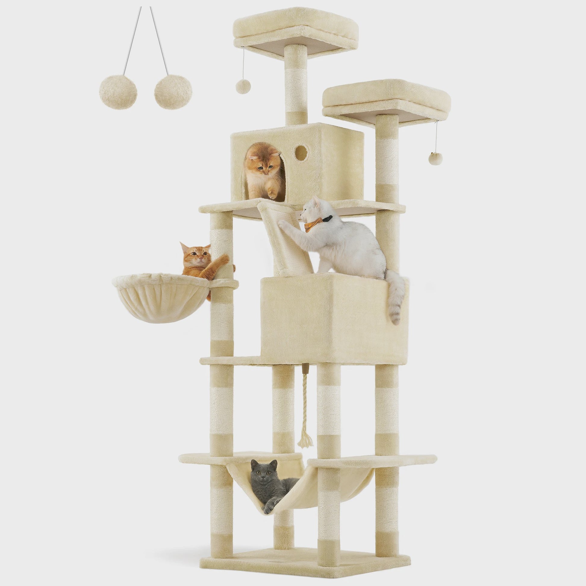 XXL Krabpaal 206 cm hoog - Grote kattenboom met 13 krabpalen, 2 holtes, hangmat & ballen
