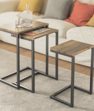 Set van 3 Nesting bijzettafels met Houten Blad en Zwart Metaal Frame