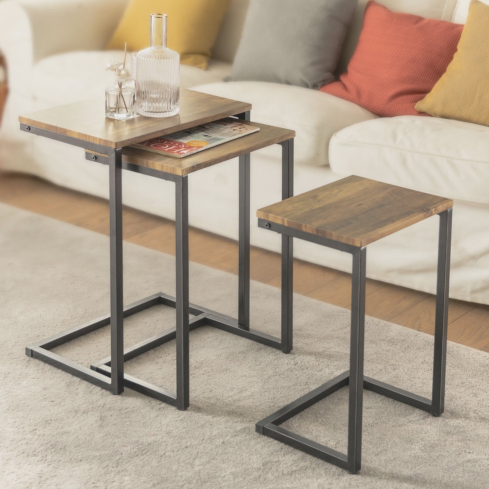 Set van 3 Nesting bijzettafels met Houten Blad en Zwart Metaal Frame
