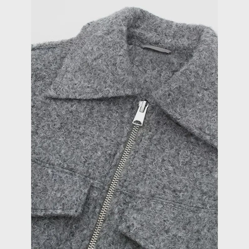 Chique Grijze Dames Jas met Rits en Zakken - Vintage Stijl