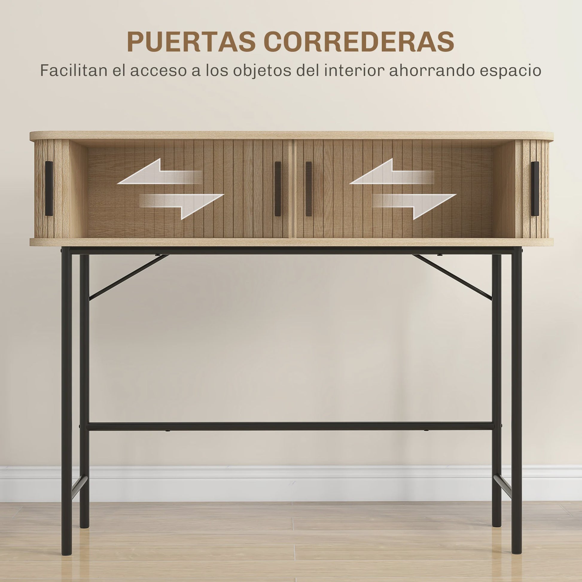 Vintage Console Tafel met 2 Schuifdeuren - Oak & Zwart - 100x30x80 cm