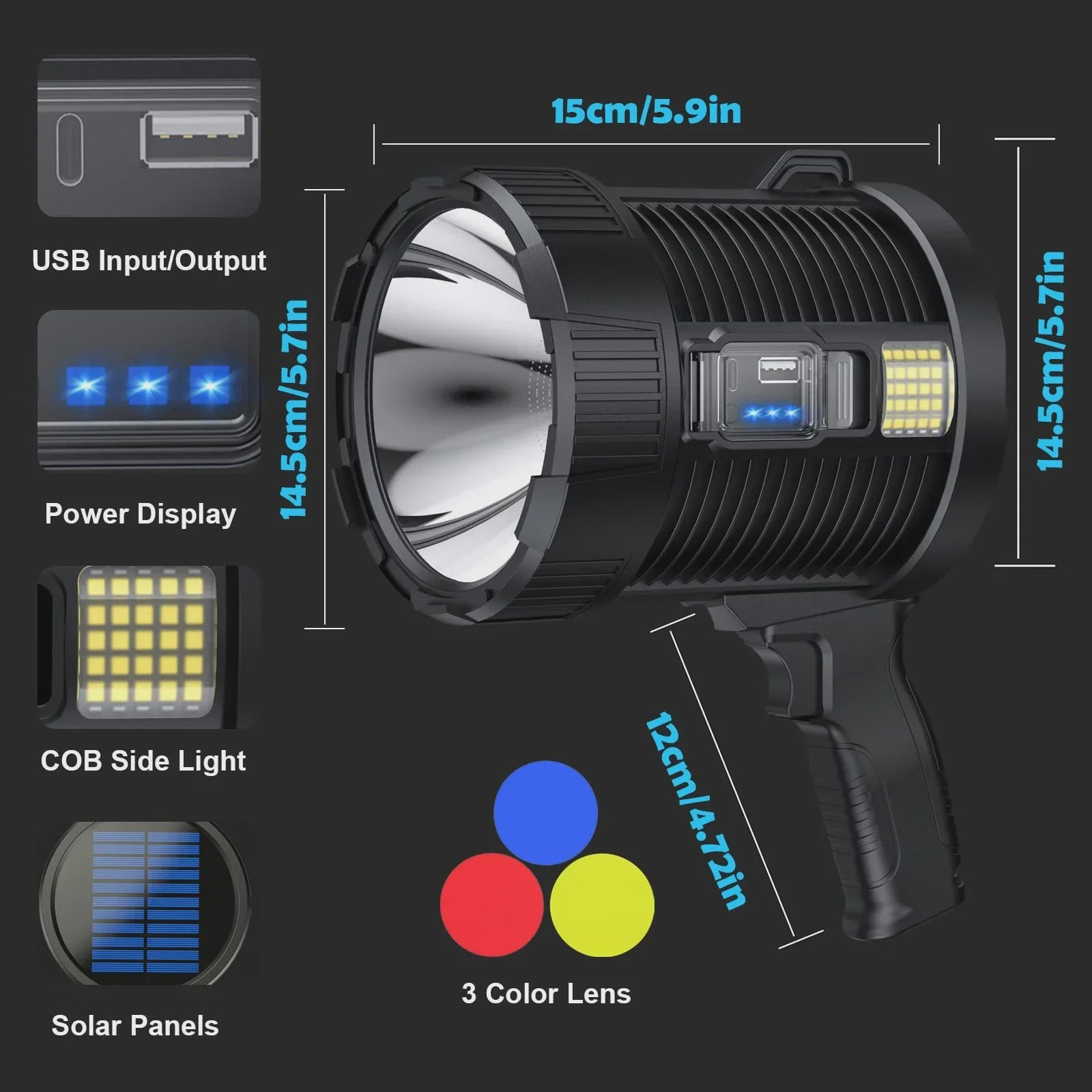 Krachtige Oplaadbare LED Spotlight 900.000 Lumen met Solar & Powerbank Functie