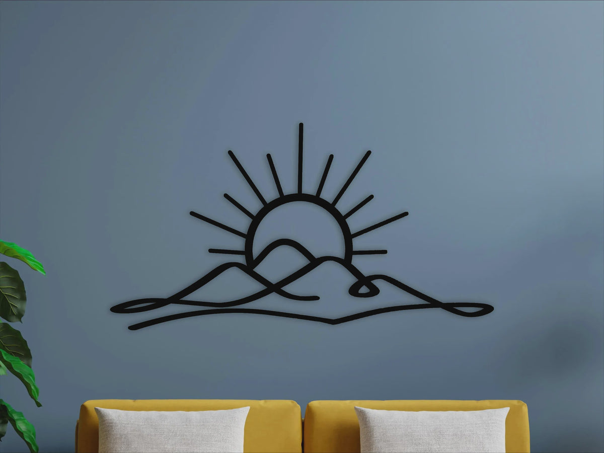 Metal Muurdecoratie Zonsondergang met Bergen - Boho Stijl Wanddecoratie