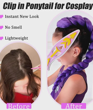 Paarse Vlecht Haarstuk met Clips - 26 Inch Synthetisch Verlengstuk voor Kinderen